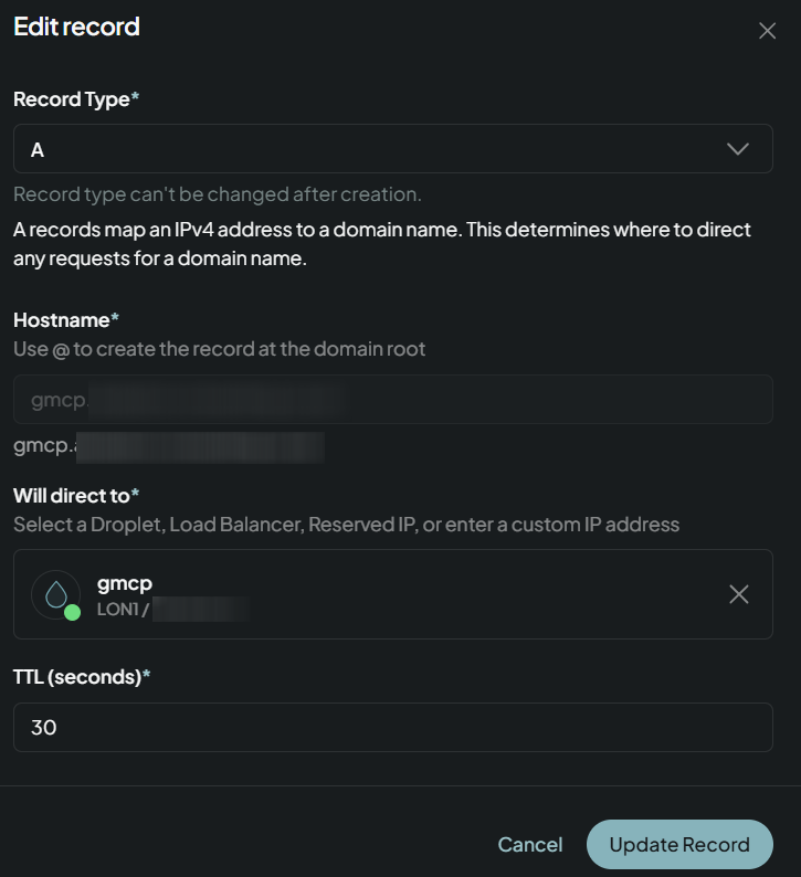 Adding an A record to point your DigitalOcean gMCP Droplet at your subdomain