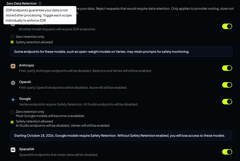Enforcing Zero Data Retention in OpenRouter