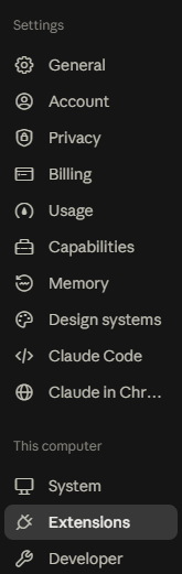 Claude Settings > Extensions menu
