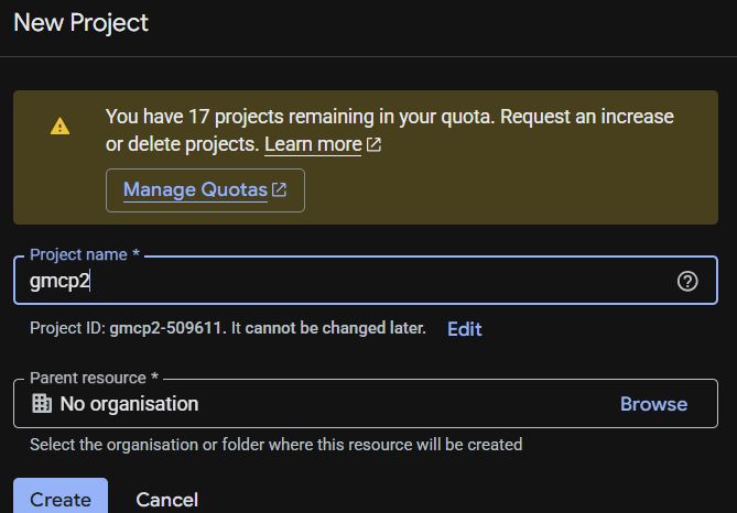 Creating a new Google Cloud Project