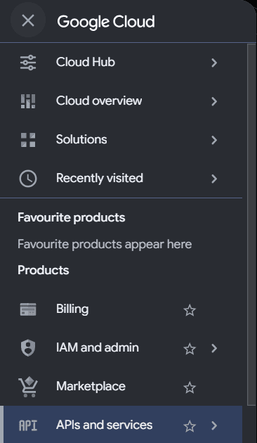 The Google Cloud Console menu