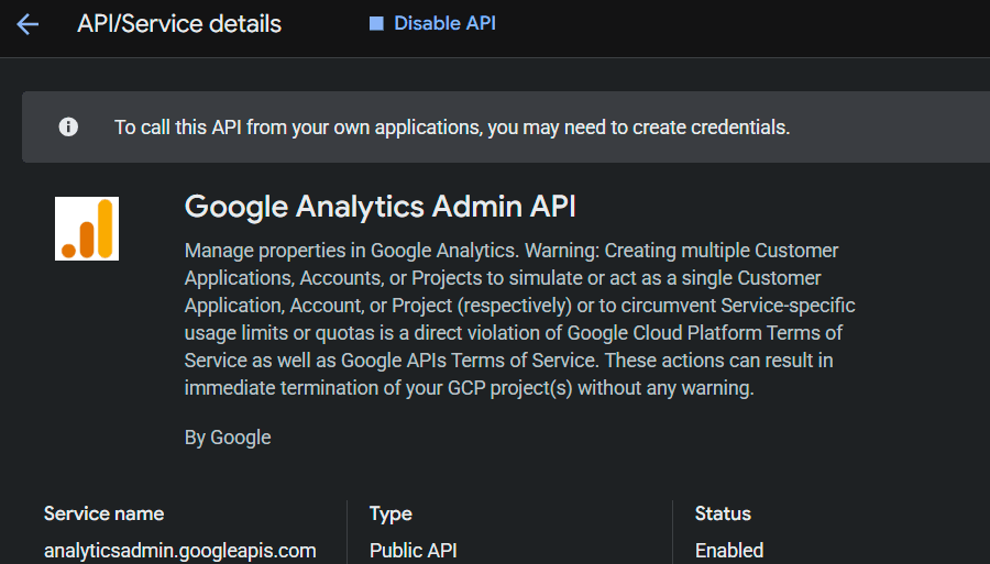 GA4 admin API enabled